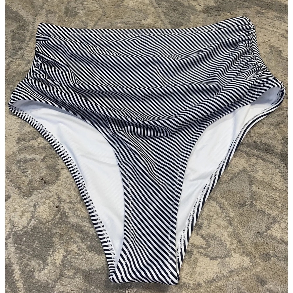 New cupshe bikini Black White Stripe High Waist Size Medium Womens Ruched Front